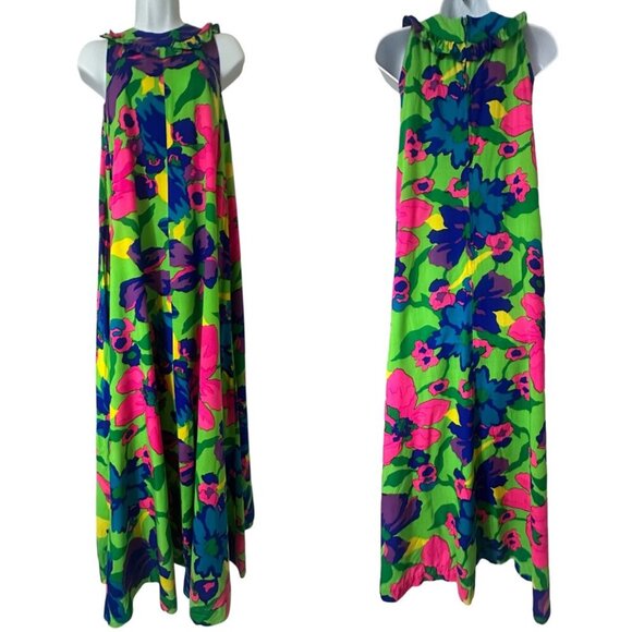 Vintage Rare 1960’s Psychedelic Vibrant Floral Hawaiian A-Line  Maxi Dress Small - Picture 1 of 13